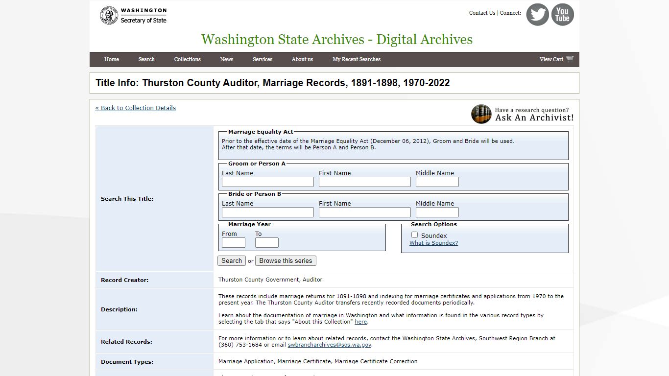 Title Info: Thurston County Auditor, Marriage Records ...