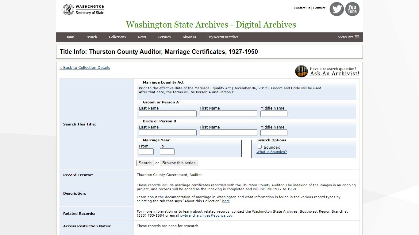 Title Info: Thurston County Auditor, Marriage Certificates ...